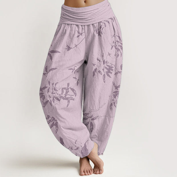 Buddha Stones Pure Cotton Branch Pattern Women's Elastic Waist Harem Pants