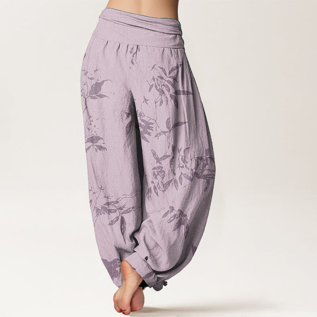 Buddha Stones Pure Cotton Branch Pattern Women's Elastic Waist Harem Pants
