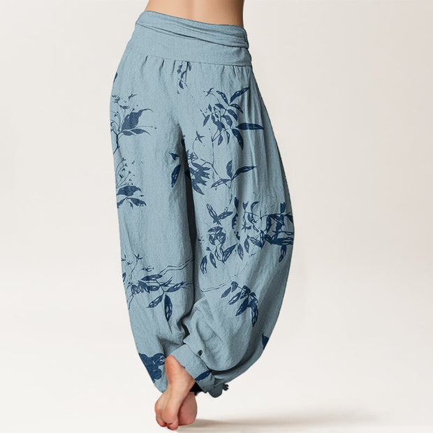 Buddha Stones Pure Cotton Branch Pattern Women's Elastic Waist Harem Pants