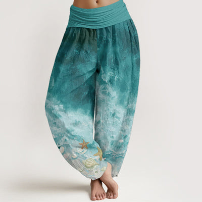 Buddha Stones Pure Cotton Vast Ocean Pattern Women's Elastic Waist Harem Pants