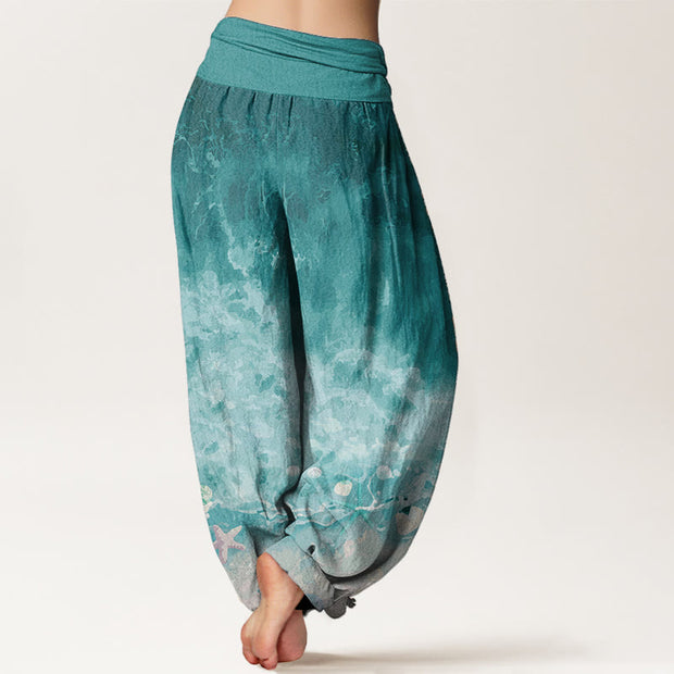 Buddha Stones Pure Cotton Vast Ocean Pattern Women's Elastic Waist Harem Pants