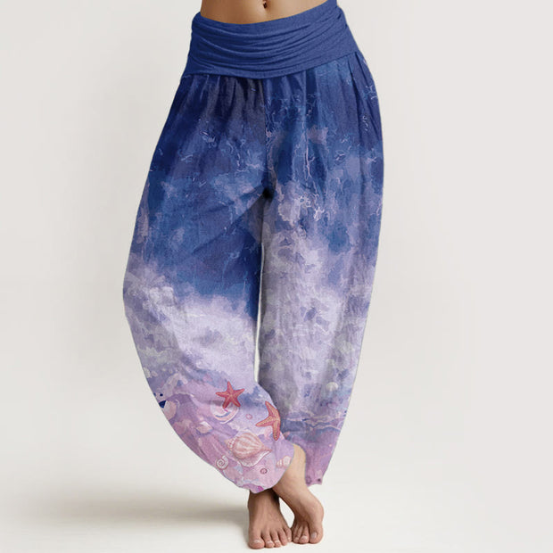 Buddha Stones Pure Cotton Vast Ocean Pattern Women's Elastic Waist Harem Pants