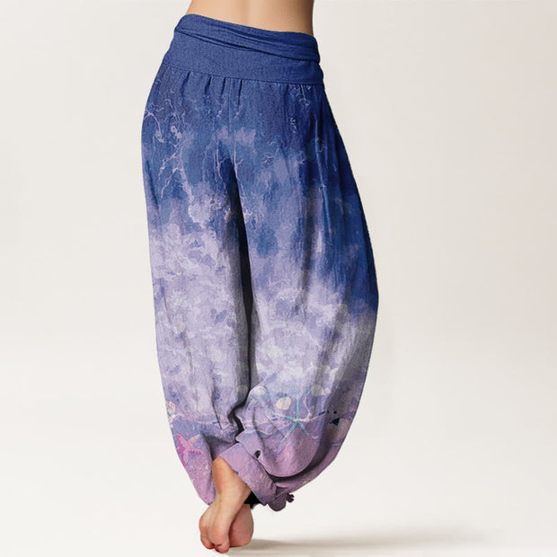 Buddha Stones Pure Cotton Vast Ocean Pattern Women's Elastic Waist Harem Pants