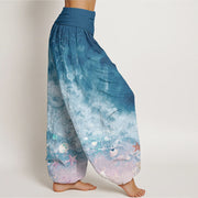 Buddha Stones Pure Cotton Vast Ocean Pattern Women's Elastic Waist Harem Pants
