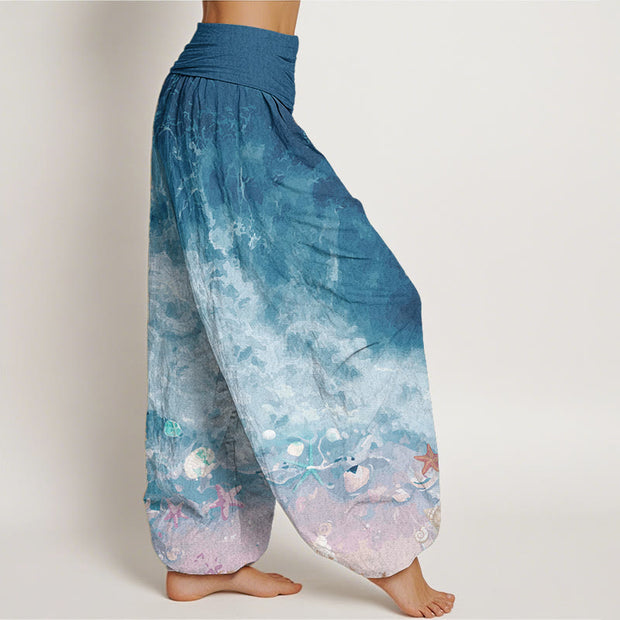 Buddha Stones Pure Cotton Vast Ocean Pattern Women's Elastic Waist Harem Pants