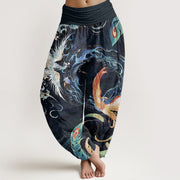 Buddha Stones Pure Cotton Phoenix Flower Pattern Women's Elastic Waist Harem Pants