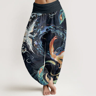 Buddha Stones Pure Cotton Phoenix Flower Pattern Women's Elastic Waist Harem Pants