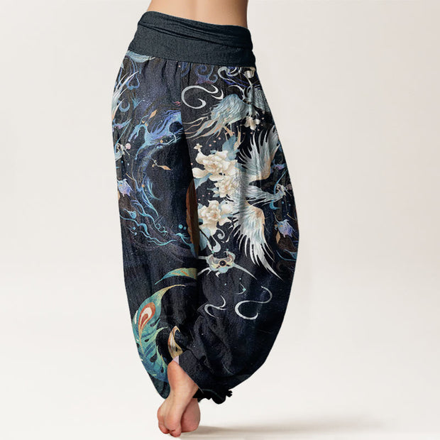 Buddha Stones Pure Cotton Phoenix Flower Pattern Women's Elastic Waist Harem Pants