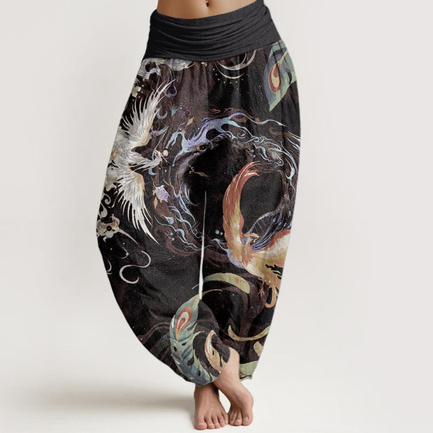 Buddha Stones Pure Cotton Phoenix Flower Pattern Women's Elastic Waist Harem Pants