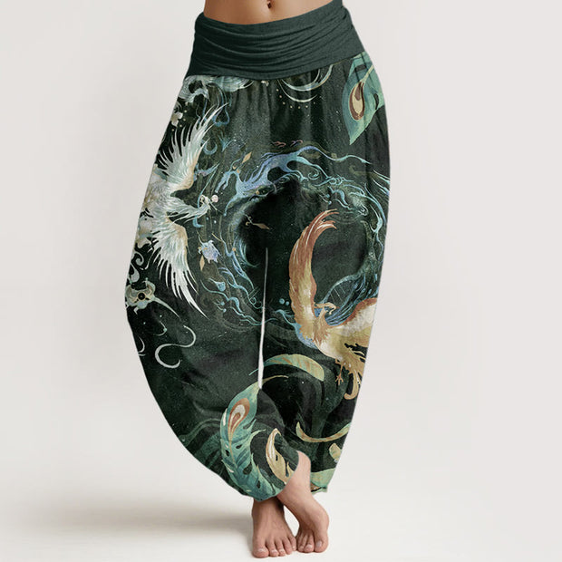 Buddha Stones Pure Cotton Phoenix Flower Pattern Women's Elastic Waist Harem Pants