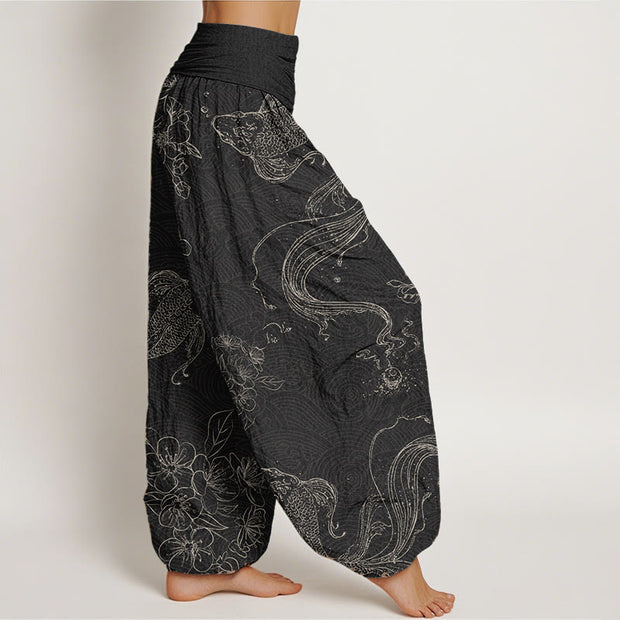 Buddha Stones Pure Cotton Koi Fish Floral Pattern Women's Elastic Waist Harem Pants