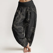 Buddha Stones Pure Cotton Koi Fish Floral Pattern Women's Elastic Waist Harem Pants