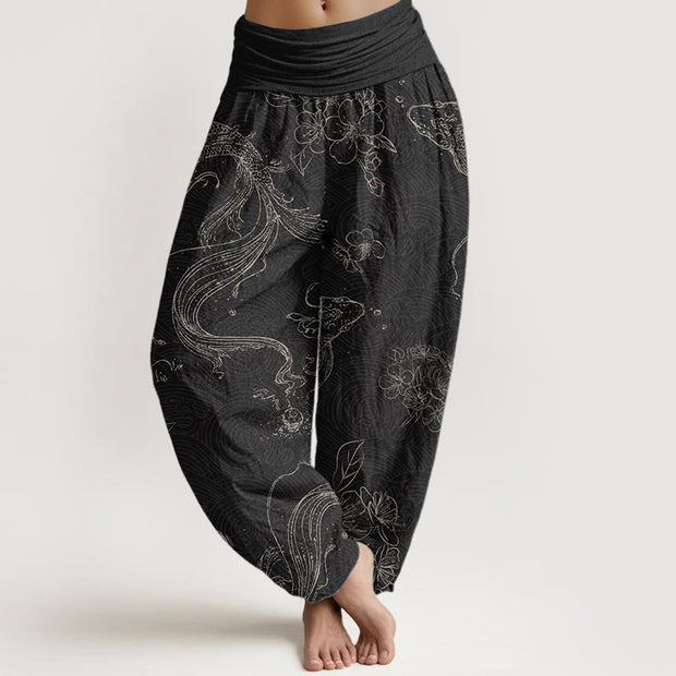 Buddha Stones Pure Cotton Koi Fish Floral Pattern Women's Elastic Waist Harem Pants
