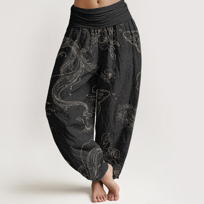 Buddha Stones Pure Cotton Koi Fish Floral Pattern Women's Elastic Waist Harem Pants