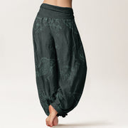 Buddha Stones Pure Cotton Koi Fish Floral Pattern Women's Elastic Waist Harem Pants