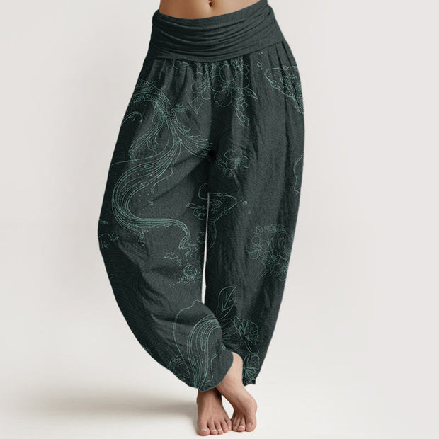 Buddha Stones Pure Cotton Koi Fish Floral Pattern Women's Elastic Waist Harem Pants