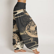 Buddha Stones Pure Cotton Auspicious Clouds With Snake Pattern Women's Elastic Waist Harem Pants