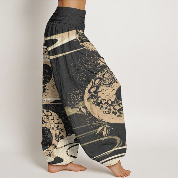 Buddha Stones Pure Cotton Auspicious Clouds With Snake Pattern Women's Elastic Waist Harem Pants