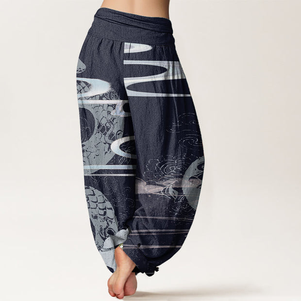 Buddha Stones Pure Cotton Auspicious Clouds With Snake Pattern Women's Elastic Waist Harem Pants