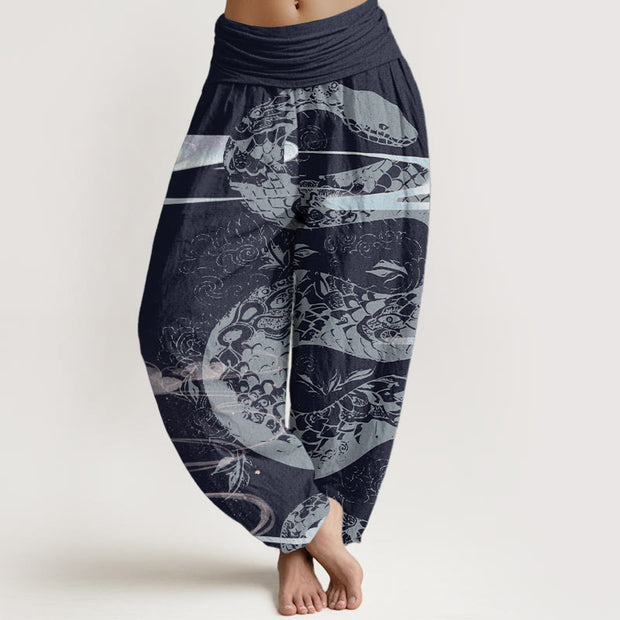 Buddha Stones Pure Cotton Auspicious Clouds With Snake Pattern Women's Elastic Waist Harem Pants