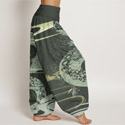 Buddha Stones Pure Cotton Auspicious Clouds With Snake Pattern Women's Elastic Waist Harem Pants