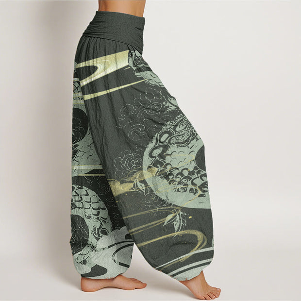 Buddha Stones Pure Cotton Auspicious Clouds With Snake Pattern Women's Elastic Waist Harem Pants
