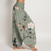 Buddha Stones Pure Cotton Warbler Bird Blooming Flower Branches Mandala Pattern Women's Elastic Waist Harem Pants