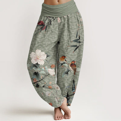 Buddha Stones Pure Cotton Warbler Bird Blooming Flower Branches Mandala Pattern Women's Elastic Waist Harem Pants