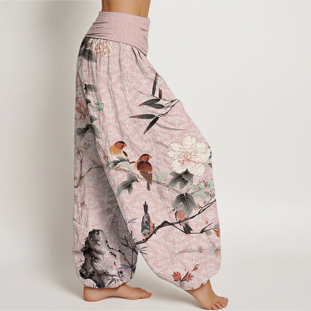 Buddha Stones Pure Cotton Warbler Bird Blooming Flower Branches Mandala Pattern Women's Elastic Waist Harem Pants