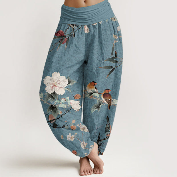 Buddha Stones Pure Cotton Warbler Bird Blooming Flower Branches Mandala Pattern Women's Elastic Waist Harem Pants
