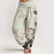 Buddha Stones Pure Cotton Pink Lotus Leaves Bird Pattern Women's Elastic Waist Harem Pants