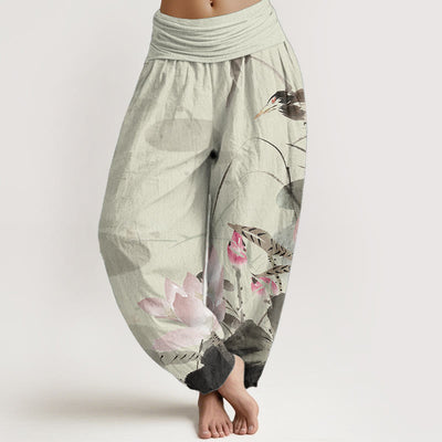 Buddha Stones Pure Cotton Pink Lotus Leaves Bird Pattern Women's Elastic Waist Harem Pants