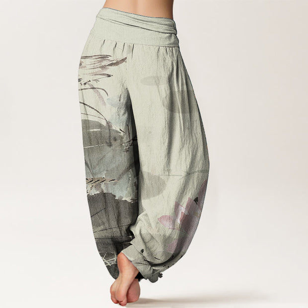 Buddha Stones Pure Cotton Pink Lotus Leaves Bird Pattern Women's Elastic Waist Harem Pants