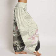 Buddha Stones Pure Cotton Pink Lotus Leaves Bird Pattern Women's Elastic Waist Harem Pants