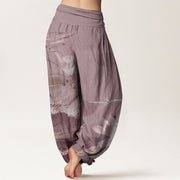 Buddha Stones Pure Cotton Pink Lotus Leaves Bird Pattern Women's Elastic Waist Harem Pants