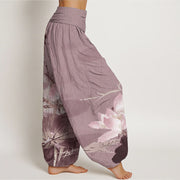 Buddha Stones Pure Cotton Pink Lotus Leaves Bird Pattern Women's Elastic Waist Harem Pants