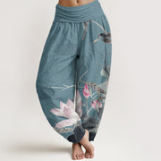 Buddha Stones Pure Cotton Pink Lotus Leaves Bird Pattern Women's Elastic Waist Harem Pants