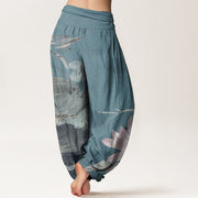 Buddha Stones Pure Cotton Pink Lotus Leaves Bird Pattern Women's Elastic Waist Harem Pants