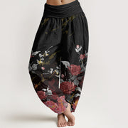Buddha Stones Pure Cotton Blooming Roses Pattern Women's Elastic Waist Harem Pants