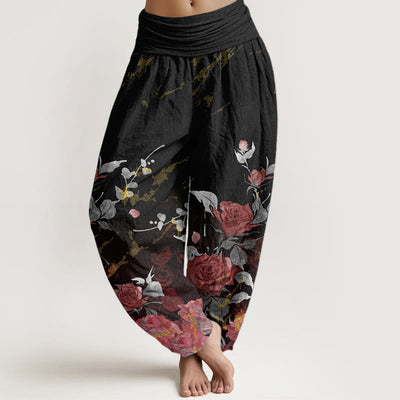 Buddha Stones Pure Cotton Blooming Roses Pattern Women's Elastic Waist Harem Pants