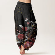 Buddha Stones Pure Cotton Blooming Roses Pattern Women's Elastic Waist Harem Pants