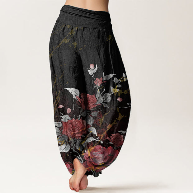 Buddha Stones Pure Cotton Blooming Roses Pattern Women's Elastic Waist Harem Pants