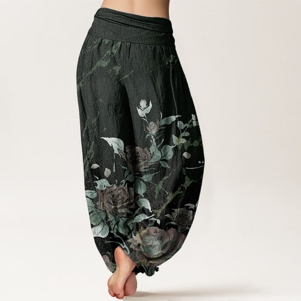 Buddha Stones Pure Cotton Blooming Roses Pattern Women's Elastic Waist Harem Pants