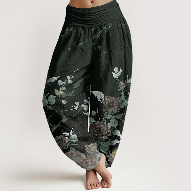 Buddha Stones Pure Cotton Blooming Roses Pattern Women's Elastic Waist Harem Pants
