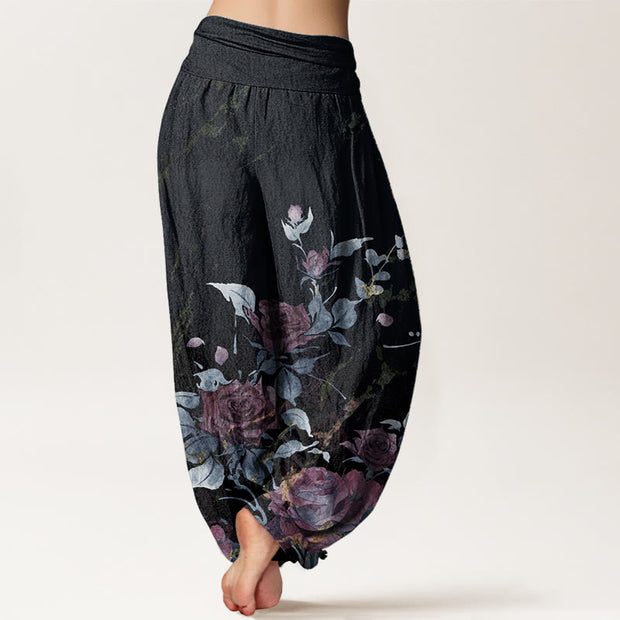 Buddha Stones Pure Cotton Blooming Roses Pattern Women's Elastic Waist Harem Pants