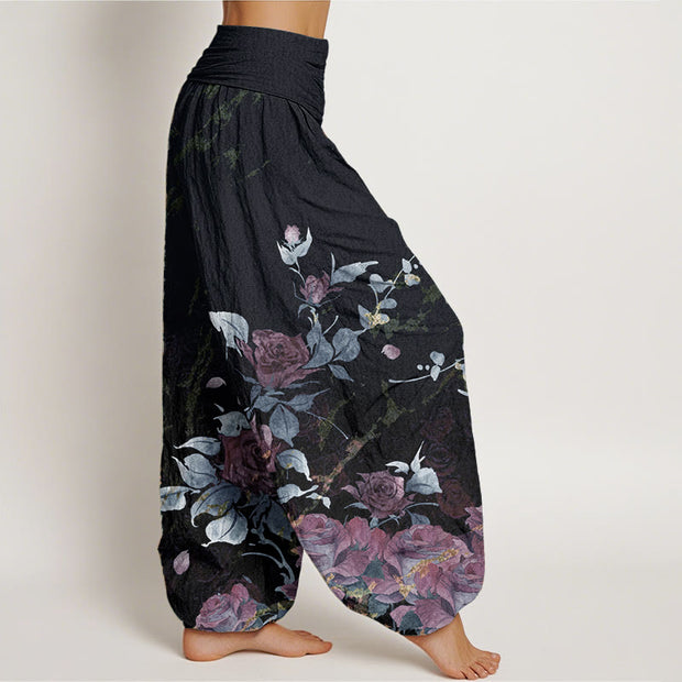 Buddha Stones Pure Cotton Blooming Roses Pattern Women's Elastic Waist Harem Pants