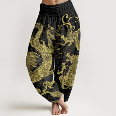 Buddha Stones Pure Cotton Dragon Auspicious Clouds Women's Elastic Waist Harem Pants