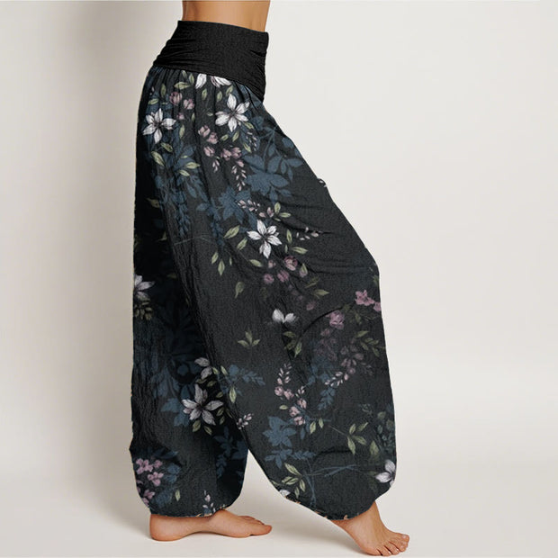 Buddha Stones Pure Cotton Small White Blossoms Green Leaves Women's Elastic Waist Harem Pants