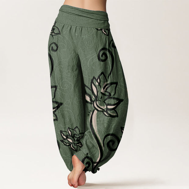 Buddha Stones Pure Cotton Casual Lotus Auspicious Clouds Design Women's Elastic Waist Harem Pants