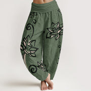 Buddha Stones Pure Cotton Casual Lotus Auspicious Clouds Design Women's Elastic Waist Harem Pants
